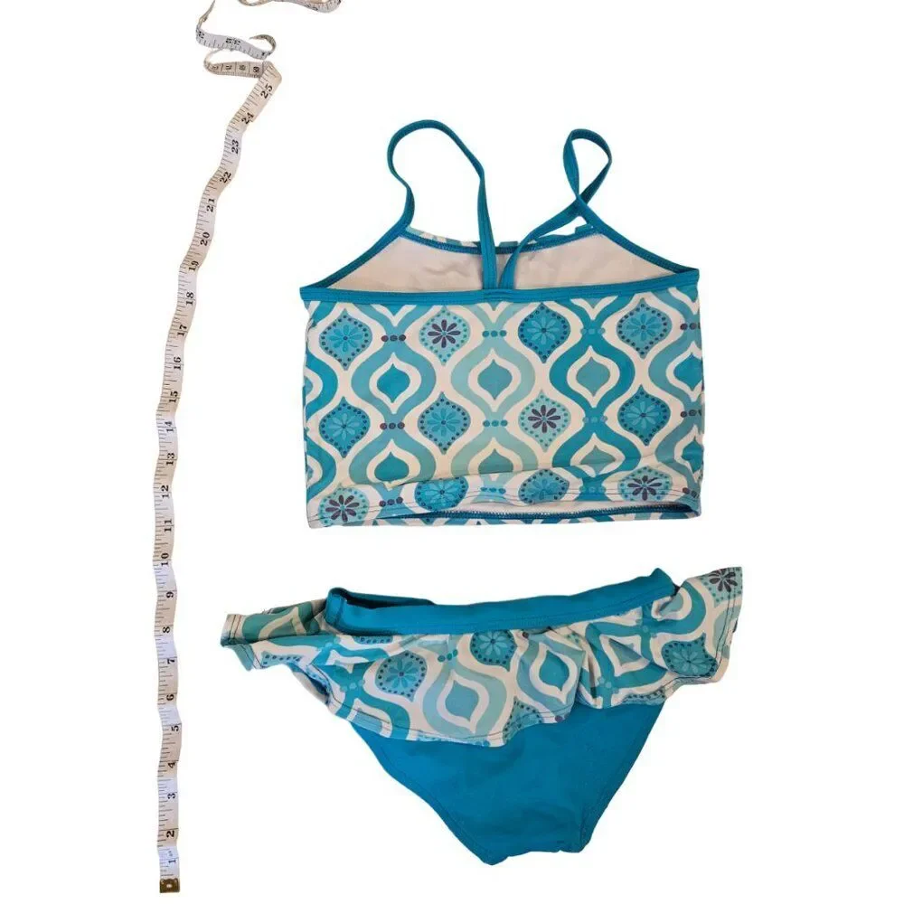 Gymboree Girls Size 7 Swimsuit Teal Blue Mosaic Tankini 2 Piece Skirted Swim Set